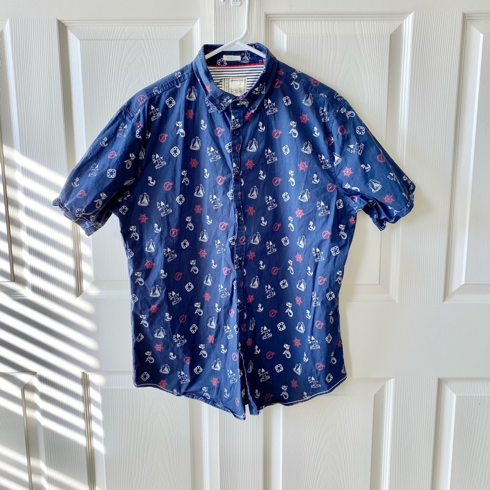 Alexander Julian Short Sleeve Navy Nautical Button Shirt Large Red White Blue